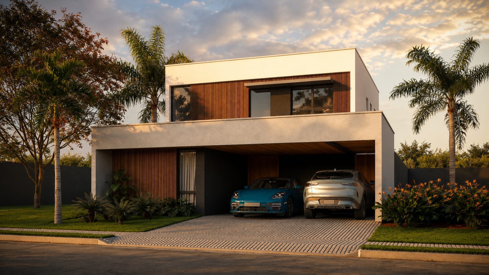 Casa umacasa ao entardecer, área externa iluminada